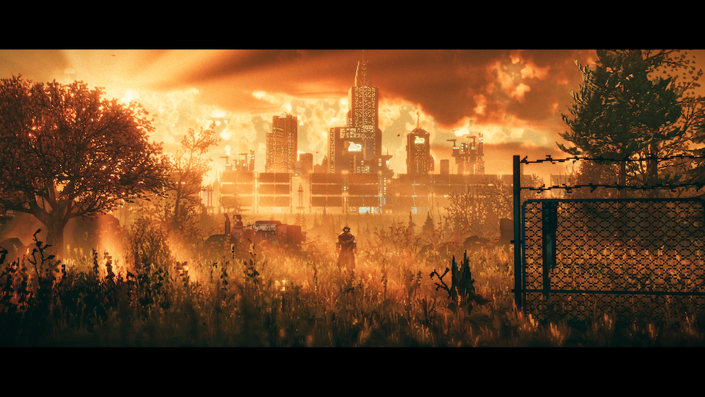 REPLACED game cinematic scene in alternative 1980s setting